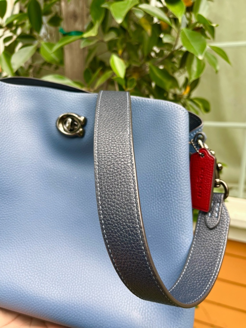 Coach Willow Light Blue Leather Crossbody Bicketwith Dark Blue Strap and Red Tag